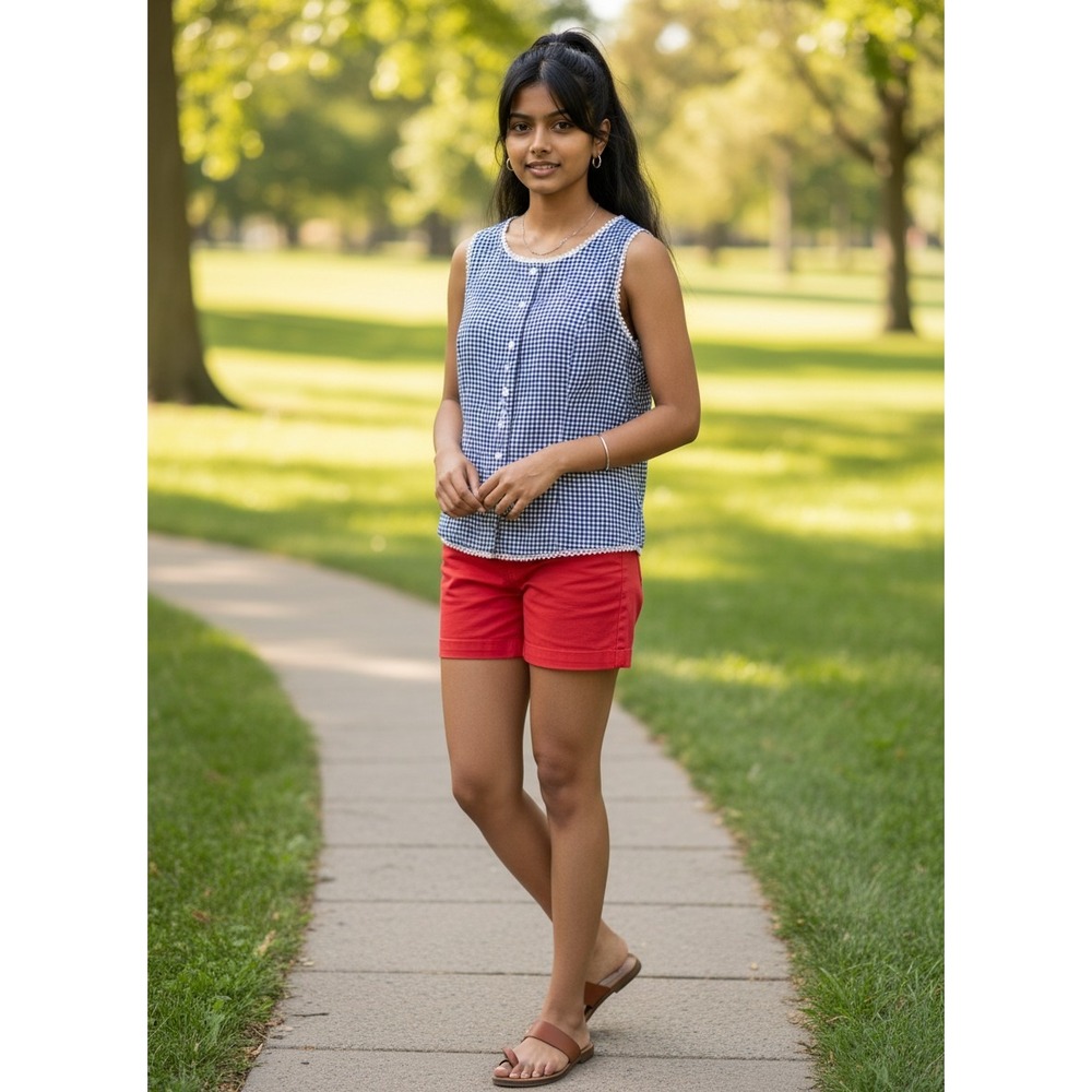 Lily Star Gingham Tank Top Women S Navy Blue Excellent Lace Trim Button Down